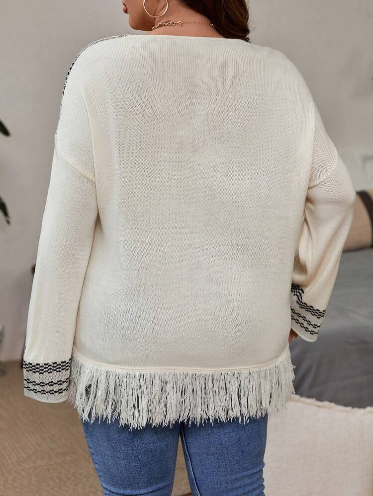 Plus Striped Pattern Fringe Hem Drop Shoulder Sweater