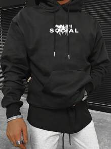 Manfinity Homme Nam Đồ họa Chữ cái Túi kangaroo Dây rút Hoodie - màu đen - Xem 1