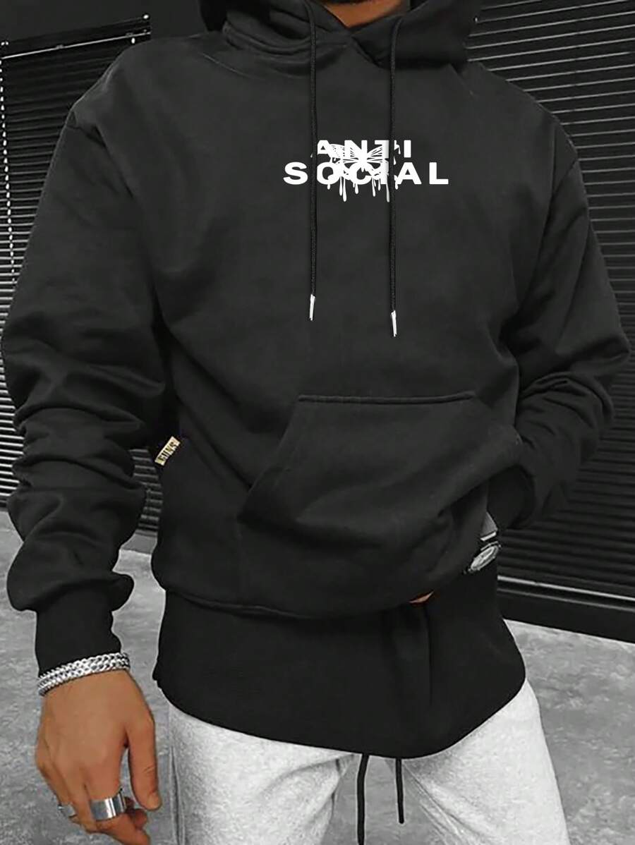 Manfinity Homme Nam Đồ họa Chữ cái Túi kangaroo Dây rút Hoodie - màu đen - Xem 1