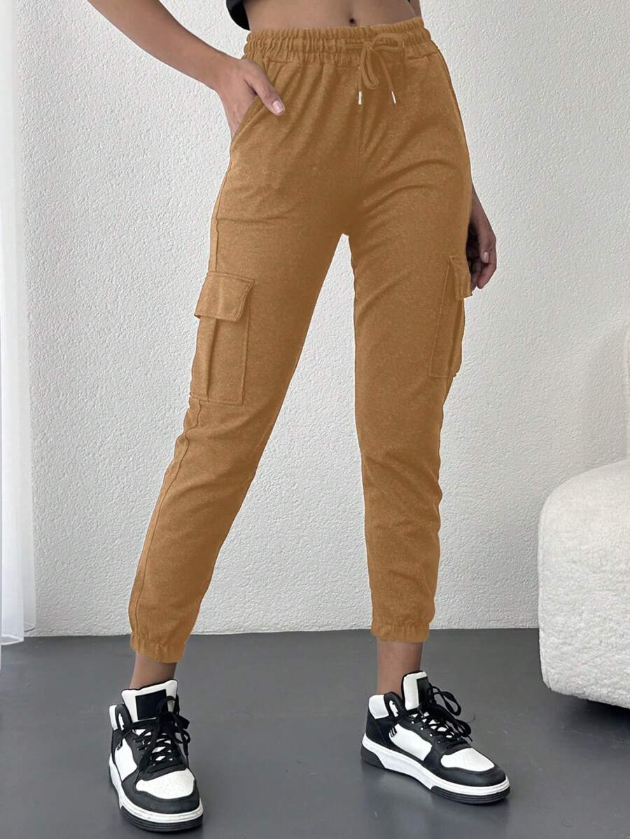 EURMUSE Flap Pocket Side Drawstring Waist Sweatpants - Brown - View 1