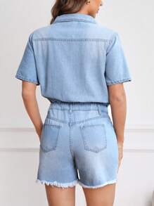 SHEIN Privé Nút phía trước Raw Hem Áo liền quần denim - Rửa nhẹ - Xem 2