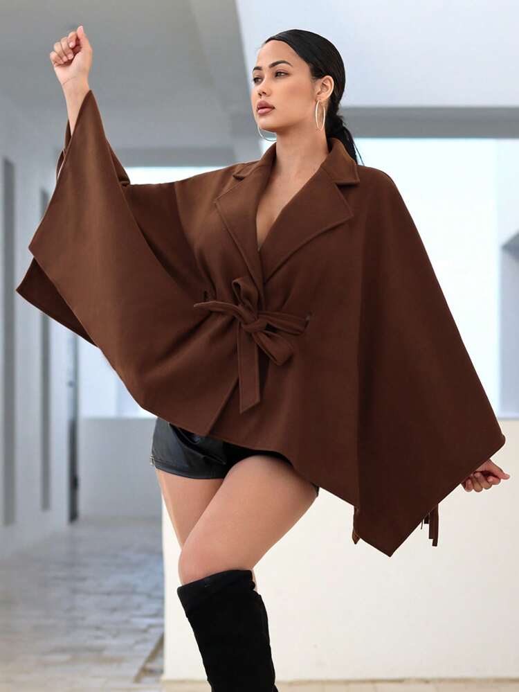 Lapel Neck Belted Cape Overcoat New Years Eve Party Sexy