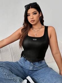 SHEIN EZwear Plus Letter Patched PU Leather Tank Top - Black - View 6