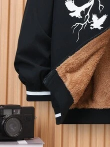 SHEIN 男大童字母&鴿子印花拼接邊加絨內裏拉鍊飛行員夾克 - 黑色 - 查看 5