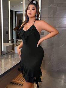 Celure Plus Ruffle Trim Tie Backless Halter Neck Asymmetrical Hem Dress - Black - View 5
