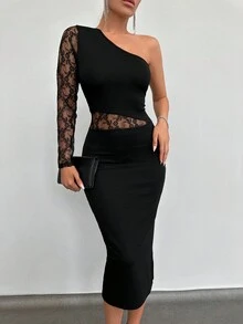 EURMUSE Lace Insert One Shoulder Bodycon Dress - Black - View 3