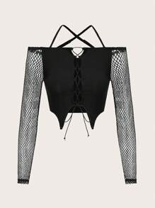 ROMWE PUNK Vai lạnh Lace lên phía trước Áo - màu đen - Xem 1