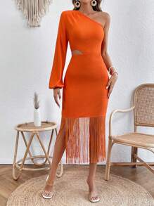 SHEIN VCAY 一肩鏤空流蘇下擺緊身洋裝 - 橘色 - 查看 3