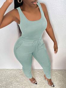 Slaydiva 素色背心上衣&腰部抽繩緊身褲 - 綠色 - 查看 4