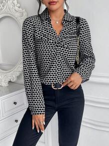 SHEIN Frenchy Allover Print Twist Front Blouse - Black - View 4
