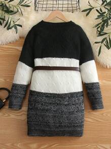 SHEIN Cô gái Tween Khối màu Thả vai Đầm Áo len Không có thắt lưng - Đen và trắng - Xem 2