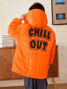 SHEIN معطف باركا متوسط الطول ذو طباعة شعارية مقنع للأولاد، جاكيت شتوية سميكة دافئة