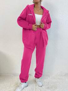 SHEIN Unity 字母圖案拉鏈開襟抽繩加絨內裏連帽衫和運動褲 - 玫紅色 - 查看 6