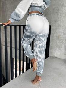 SHEIN X GiudiceGirls Tie Dye Zip Up Hooded Sweatpants - Dusty Blue - View 5