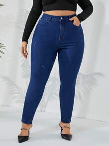 大碼高腰緊身牛仔褲 - 深色水洗藍 - 查看 1