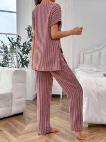 蝙蝠袖开衩上衣和裤子休闲套装 - 藕粉色 - 查看 2