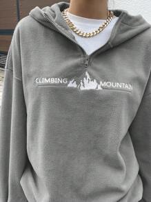 DAZY 山与字母刺绣落肩四分之一拉链羊毛连帽衫（不含 T 恤），秋季女装运动衫