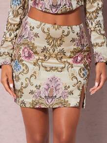 SHEIN BAE Floral Print Split Hem Skirt - Multicolor - View 1