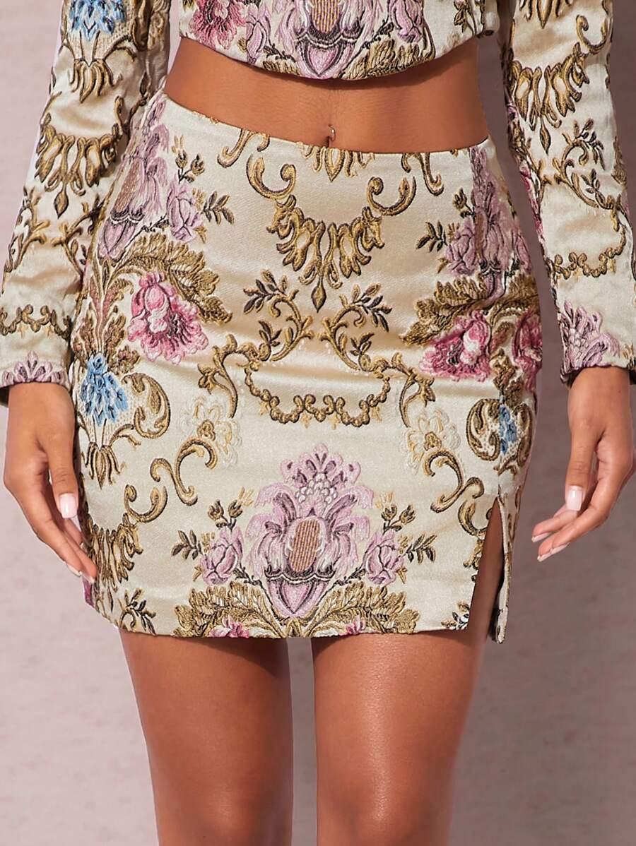 SHEIN BAE Floral Print Split Hem Skirt - Multicolor - View 1