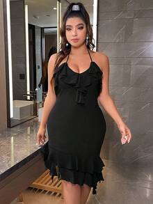 Celure Plus Ruffle Trim Tie Backless Halter Neck Asymmetrical Hem Dress - Black - View 6