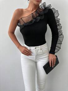 RueChic Women Ruffle Trim Tee - Black - View 3