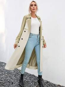 SHEIN Essnce 雙色雙排釦腰帶風衣外套 - 卡其色 - 查看 3