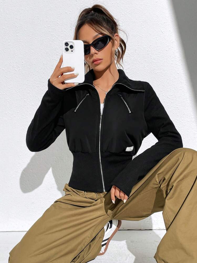 Letter Patched Zip Up Padded Coat