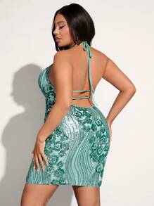 SHEIN SXY Của phụ nữ Kích thước lớn Kim sa Vá lại Halterneck Đầm Midi Màu xanh lá Đầm Gợi cảm Câu lạc bộ Lễ tình nhân - màu xanh lá - Xem 3