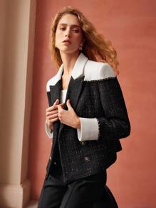 MOTF PREMIUM TWO-TONE CHAIN DETAIL TWEED BLAZER - Black and White - View 4