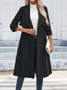 SHEIN Clasi 瀑布領卷袢袖風衣 - 黑色 - 查看 3