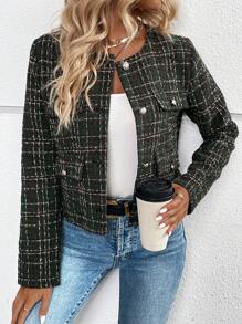 SHEIN LUNE Plaid Pattern Flap Detail Tweed Overcoat - Dark Green - View 1