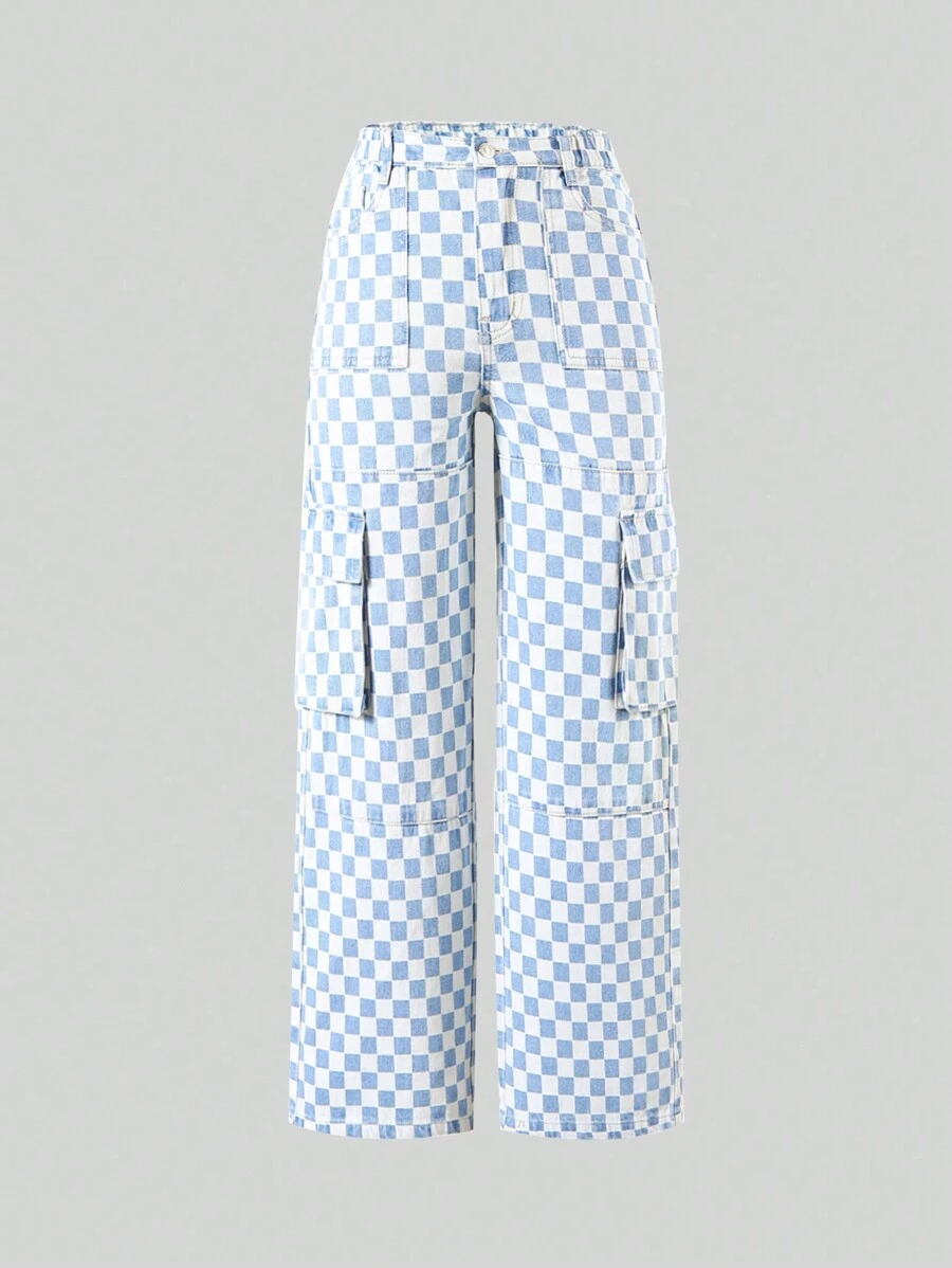 Tween Girl Checker Print Flap Pocket Side Jeans - Rửa nhẹ - Xem 1