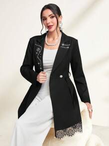 Modelyn Rhinestone Detail Eyelash Lace Trim Belted Blazer - Black - View 4