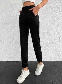RueChic Solid Elastic Waist Slant Pocket Joggers - Black - View 4