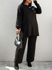 SHEIN Cottnline 加水鑽雪花圖案落肩毛衣和針織褲 - 黑色 - 查看 3