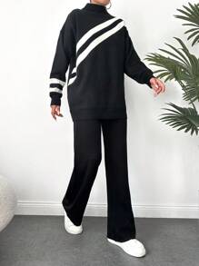 EURMUSE Striped Pattern Drop Shoulder Sweater & Knit Pants - Black and White - View 5