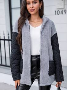 SHEIN LUNE 拼色落肩連帽泰迪大衣 - 彩色 - 查看 6