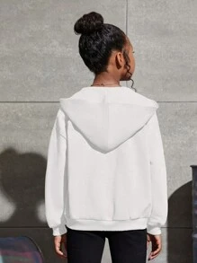 SHEIN 少女字母和图案落肩拉链卫衣 - 白色 - 查看 2