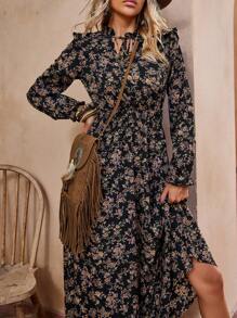 LanaWest Ditsy Floral Print Ruffle Trim Dress Maxi Vacation Beach Outfits Women Fall Cloth For Women