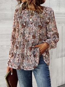 SHEIN LUNE Allover Floral Print Flare Sleeve Blouse - Brown - View 1
