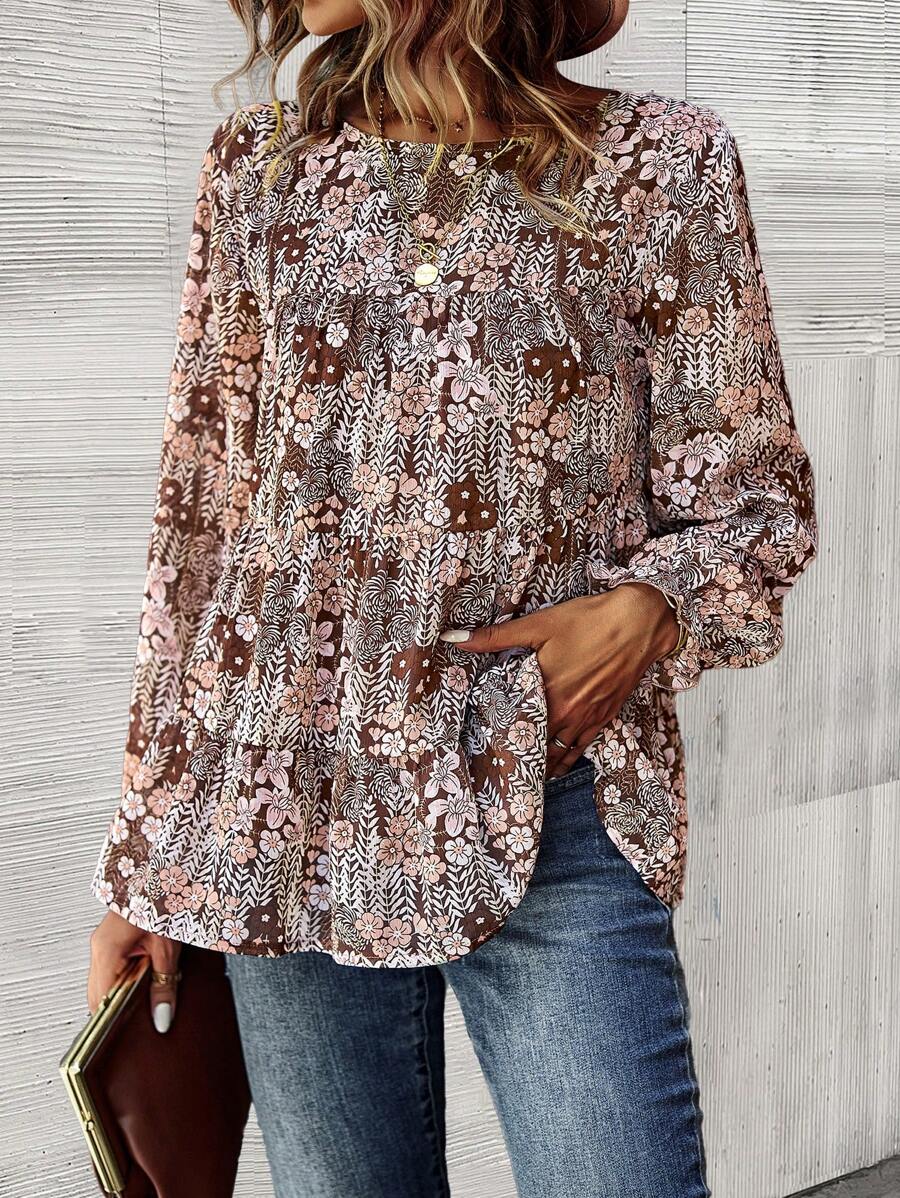 SHEIN LUNE Allover Floral Print Flare Sleeve Blouse - Brown - View 1