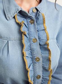 SHEIN Privé Ruffle Trim Button Front Denim Shirt - Blue - View 6