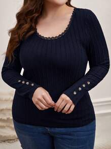 SHEIN Clasi Plus Solid Button Detail Tee - Navy Blue - View 4