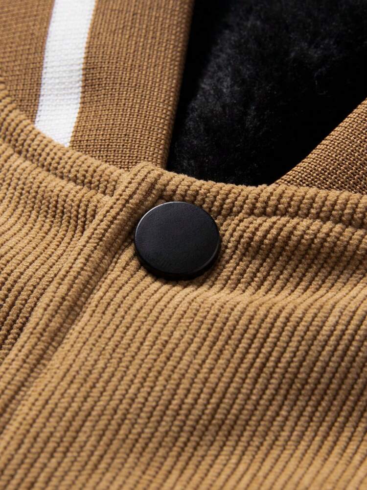 Loose Men's Padded Coat With Embroidered Slogan Pattern And Striped Trimming