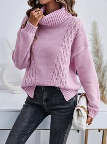 SHEIN LUNE Turtleneck Cable Knit Drop Shoulder Sweater - Mauve Purple - View 5