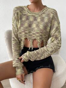 SHEIN Unity 太空染色落肩做旧短款针织套头衫秋冬毛衣 - 墨綠色 - 查看 3