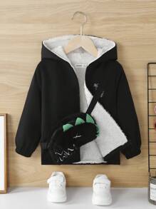 SHEIN 男小童恐龍印花毛絨內襯連帽夾克附包 - 黑色 - 查看 7