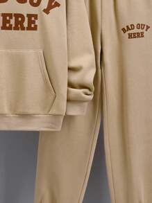 SHEIN 2pcs Tween Boy Casual Letter Print Hoodie Top & Solid Color Bottoms Knit Tracksuit Set, Fleece Thickened - Khaki - View 5