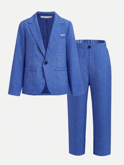 SHEIN 2pcs Tween Boys' Extended Size Suit Sets With Turn-Down Collar, Suit Pants And Jacket