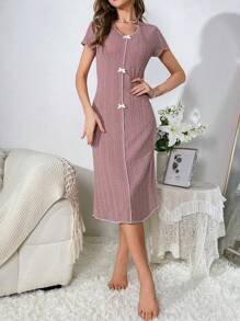 Contrast Binding Bow Front Nightdress - Pink - View 1
